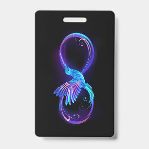 Neon-Unendlichkeitssymbol mit leuchtendem Kolibri Ausweis