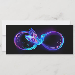 Neon-Unendlichkeitssymbol mit leuchtendem Kolibri Karte
