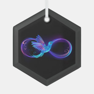 Neon-Unendlichkeitssymbol mit leuchtendem Kolibri Ornament Aus Glas