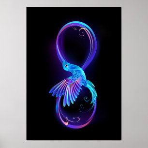 Neon-Unendlichkeitssymbol mit leuchtendem Kolibri Poster