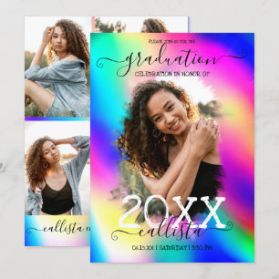 Neon Unicorn Holographic Foto Collage Abschluss Einladung