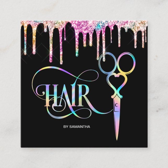 Neon Unicorn Holographic Friseur Quadratische Visitenkarte (Vorderseite)