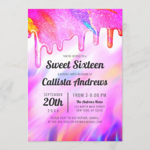 Neon Unicorn Holographic Glitzer Tropfen Sweet 16 Einladung