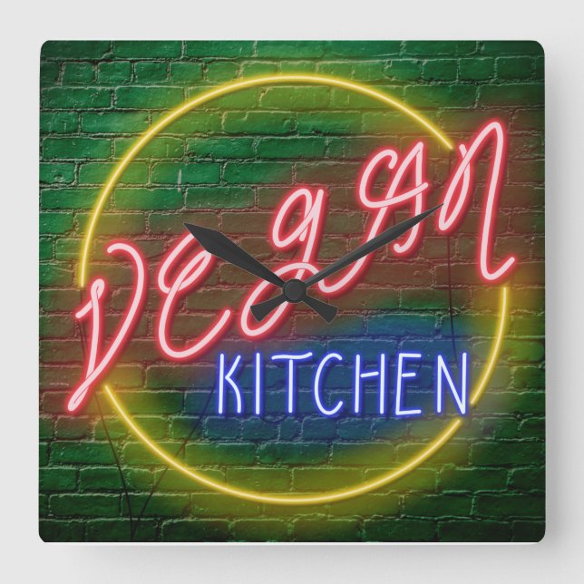 Neon Vegan Kitchen Sign Quadratische Wanduhr (Vorderseite)