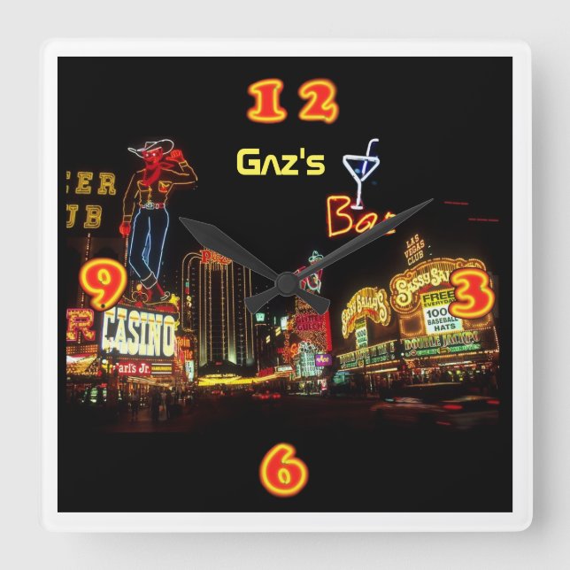 Neon Vegas Zuhause Bar Personalisiert Quadratische Wanduhr (Vorderseite)