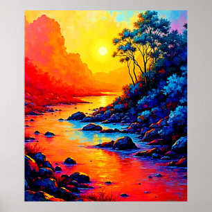 Neon-Wald- und Flussmalerei-Kunst Poster