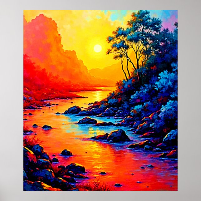 Neon-Wald- und Flussmalerei-Kunst Poster (Vorne)
