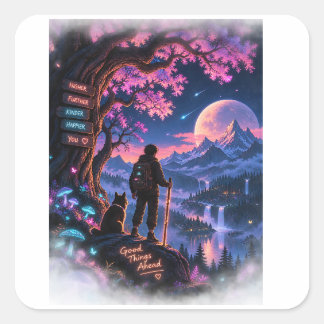Neon-Wald-Wanderer-Abenteuer-Fantasy Quadratischer Aufkleber