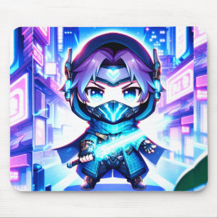 Neon Warrior - Chibi Cyber Ninja Mousepad
