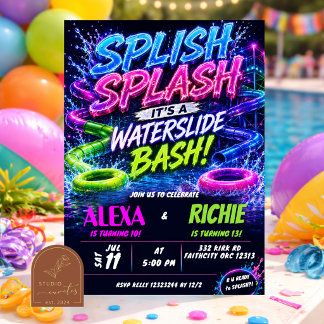 Neon-Wasserrutsche-Bash-Junge-Mädchen-Geschwister- Einladung