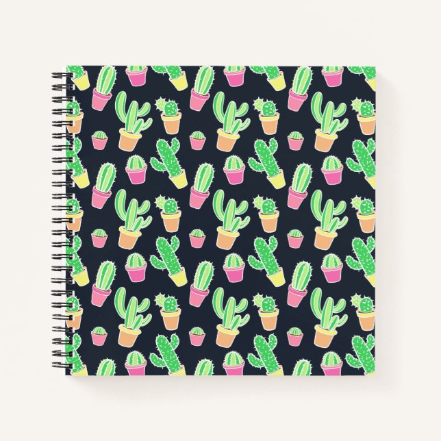 Neon Watercolor Cacti in Pots Pattern Notizbuch (Vorderseite)