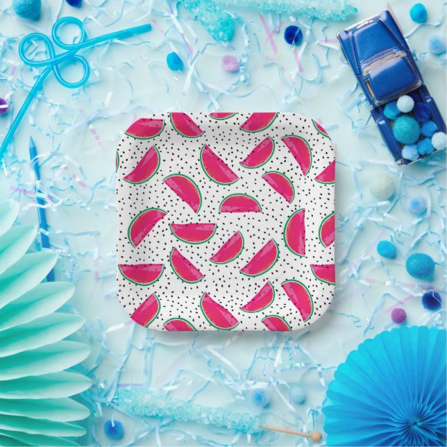 Neon Watermelon on Seeds Pattern Pappteller (Party)