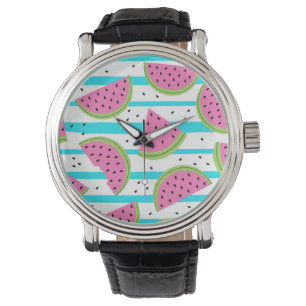 Neon Watermelon on Stripes Muster Armbanduhr
