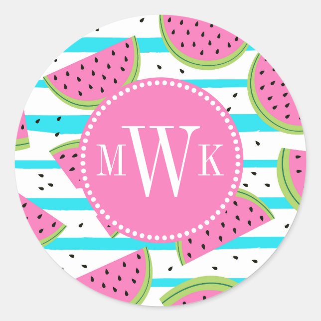 Neon Watermelon on Stripes Muster Runder Aufkleber (Vorderseite)