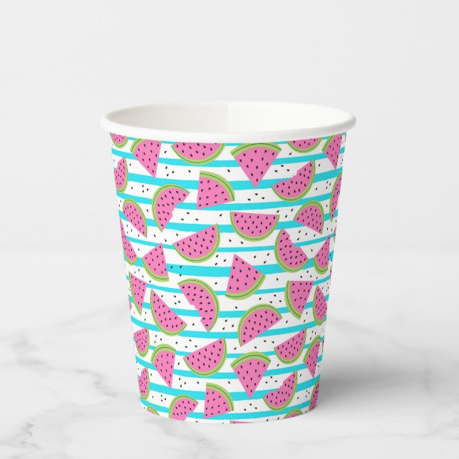 Neon Watermelon on Stripes Pattern Pappbecher (Links)