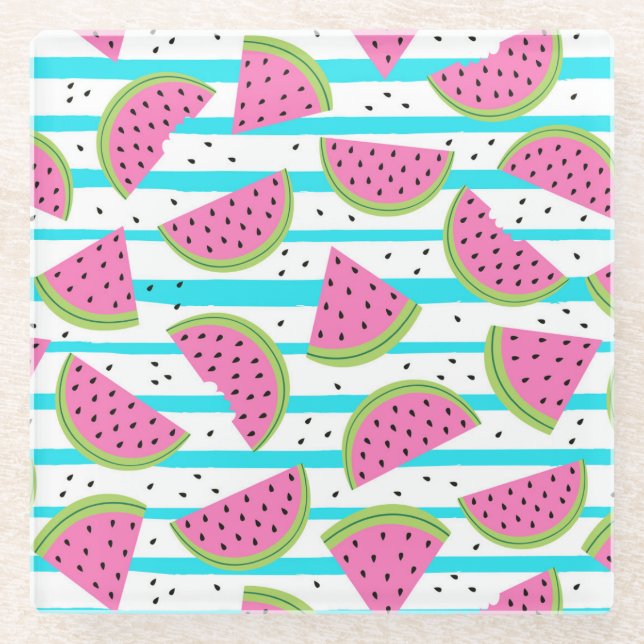 Neon Watermelon über Streifen Muster Glasuntersetzer (Vorderseite)