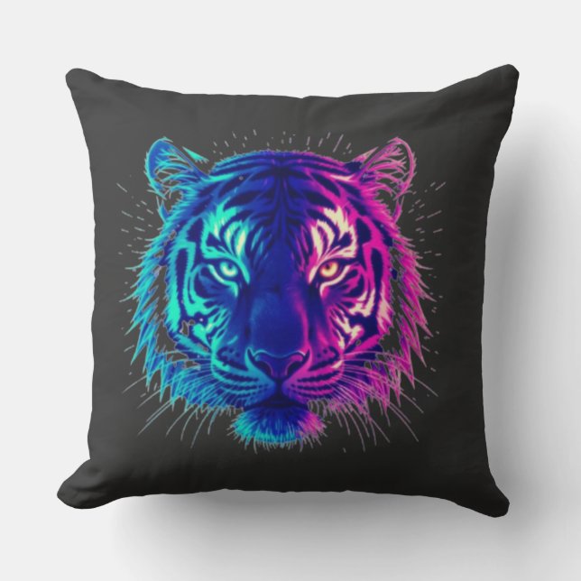 Neon White Tiger – Glowing Cyberpunk Wildlife Art Kissen (Vorderseite)