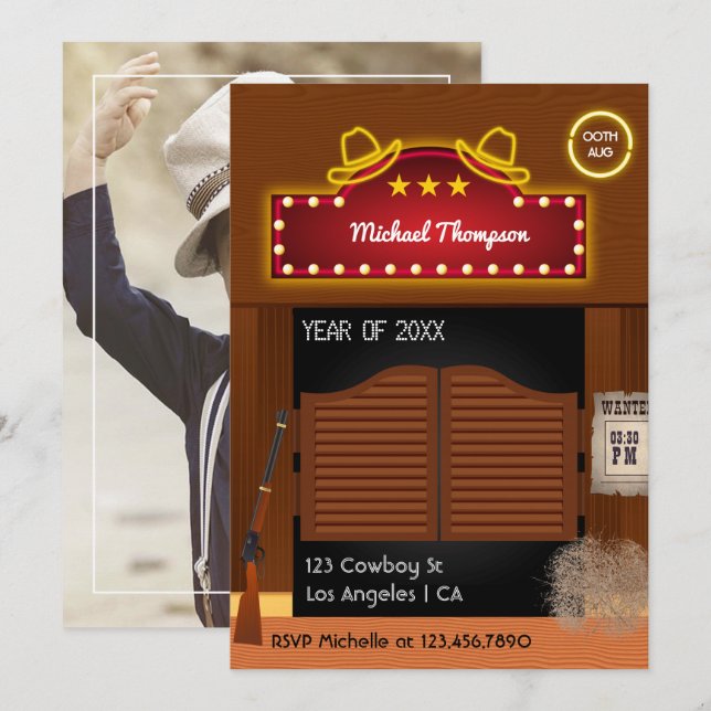 Neon Wild West Cowboy themed Graduation Party Einladung (Vorne/Hinten)