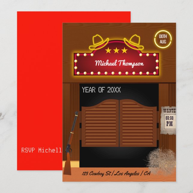 Neon Wild West Cowboy themed Graduation Party Einladung (Vorne/Hinten)