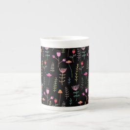 Neon Wildblumen auf schwarz, mit Monogramm Prozellantasse
