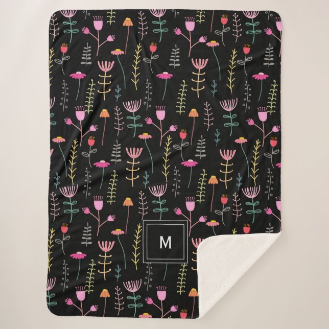 Neon Wildblumen auf schwarz, mit Monogramm Sherpadecke (Vorderseite)