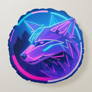 Neon-Wolf-Gesicht im geometrischen futuristischen  Rundes Kissen