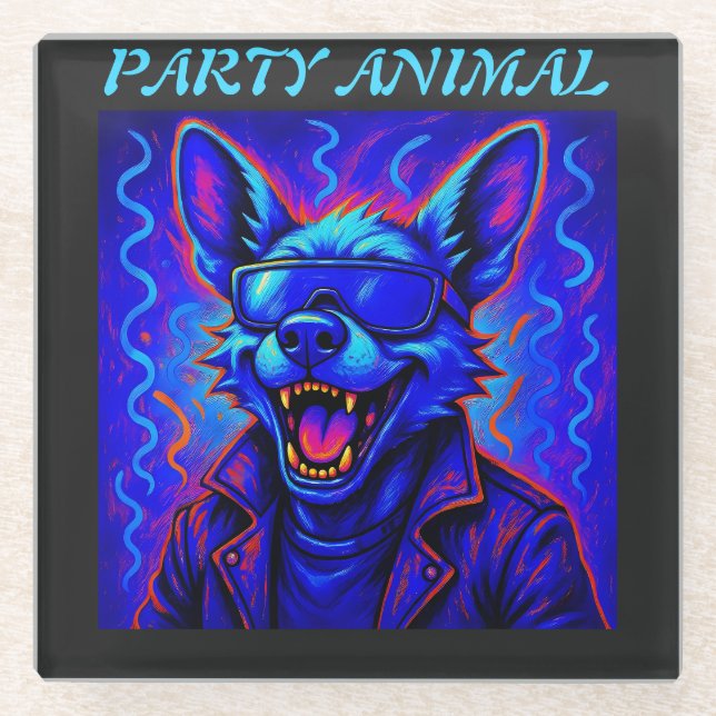 Neon Wolf Party Animal – Farbige Retro-Grafik Glasuntersetzer (Vorderseite)