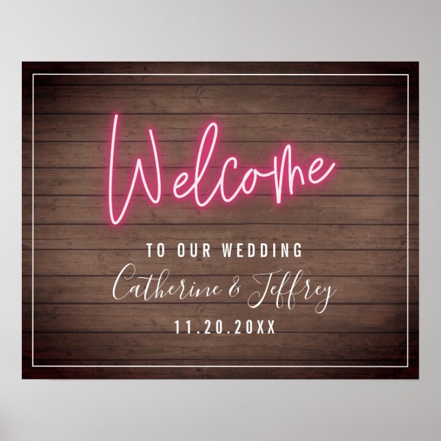 Neon Wood Plank Wedding Willkommen Poster (Vorne)
