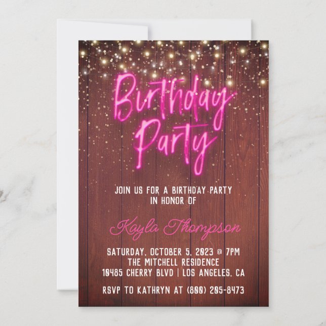 Neon Wooden Wall Anniversaire Fête Invitation (Dos)