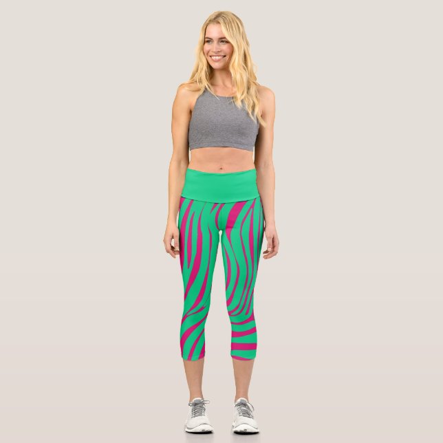 Neon-Zebra-Muster-Mode-Leggings Capri Leggings (Vorderseite)