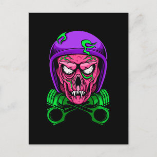 Neon-Zombie-Biker-Totenkopf-Kreuzkolben Postkarte