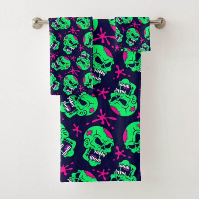 Neon Zombie Skulls Pattern Badhandtuch Set (Insitu)