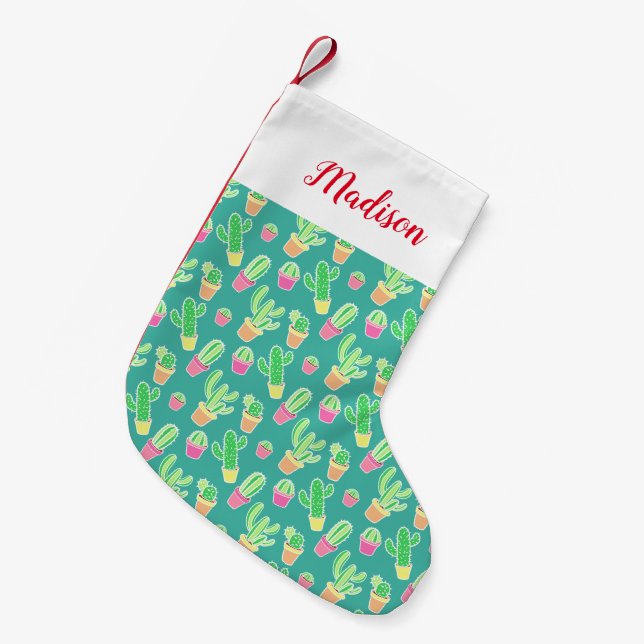 NeonAquarell-Kaktus im Topf-Muster Kleiner Weihnachtsstrumpf (Vorderansicht (hängend))