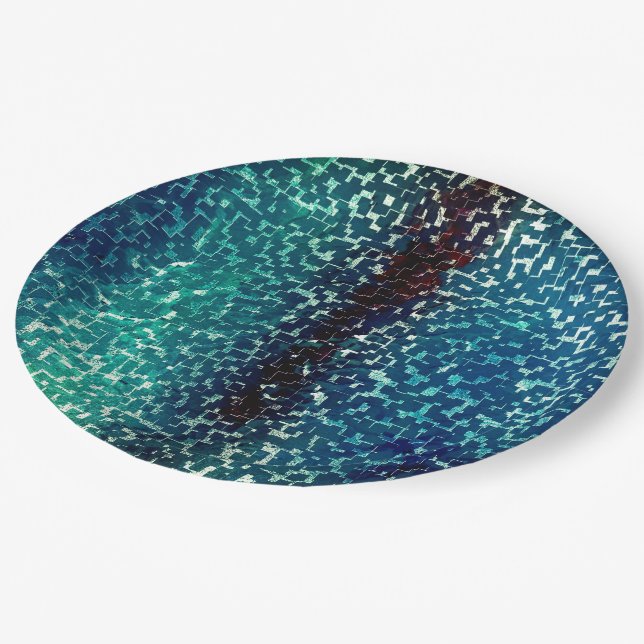Neonblau-Mosaik über grobkörniges Glas Pappteller (Schrägansicht)