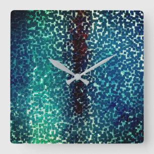 Neonblau-Mosaik über grobkörniges Hammerglas   Quadratische Wanduhr