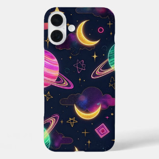 Neonblaue und lila Weltraumgalaxieplaneten iPhone 16 Plus Hülle