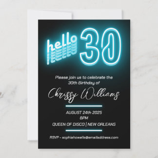 Neonblaues Retroglühen 30. Geburtstag Party Einladung