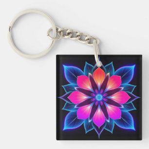 Neonblume mit blauen Lichtmustern Schlüsselanhänger