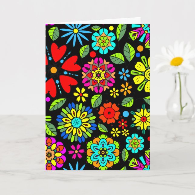 Neonfarben auf schwarzem Retro-Flora Nahtloses Mus Karte (Kleine Pflanze)