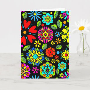 Neonfarben auf schwarzem Retro-Flora Nahtloses Mus Karte