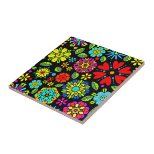 Neonfarben auf schwarzem retro floral nahtlosem Mu Fliese