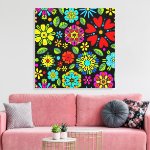 Neonfarben auf schwarzem retro floral nahtlosem Mu Leinwanddruck