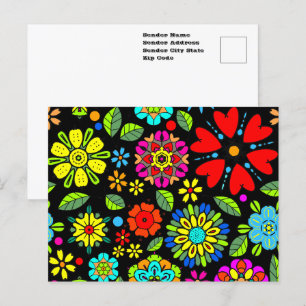 Neonfarben auf schwarzem retro floralem nahtlosem  postkarte