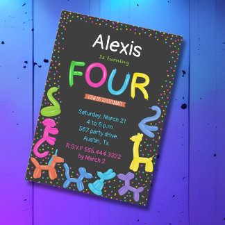 Neonfarben Tierballons 4. Geburtstag Einladung