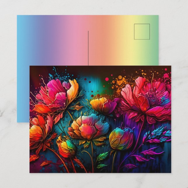 Neonfarbene Blume, buntes Bouquet, Tintenpatronen, Postkarte (Vorne/Hinten)