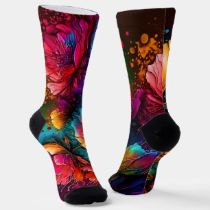 Neonfarbene Blume, buntes Bouquet, Tintenpatronen, Socken
