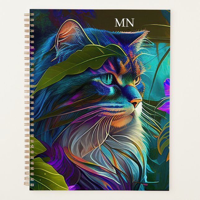 Neonfarbige Katze in tropischen Blume KI Kunst Planer (Vorderseite)