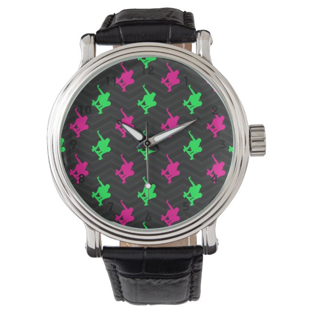 Neongrün, Heissrosa, Skater, Schwarz Zickzack Armbanduhr (Vorderseite)