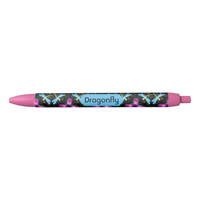 Neonlibellen-rosa Blumen-Schwarz-Schimmer-Muster Kugelschreiber (Vorderseite)