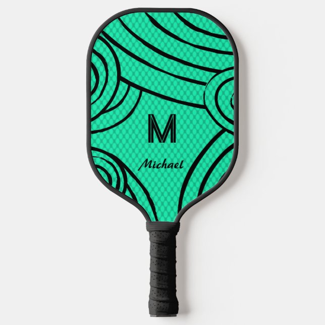 NeonLine 1 Blaugrün bearbeitbare Namen und Initial Pickleball Schläger (Vorderseite)